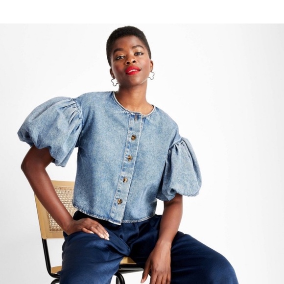 Future Collective Denim Puff Sleeve Top NWT - Picture 3 of 7